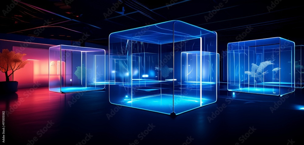 Poster a futuristic exhibition space with transparent glass cubes arranged in a grid-like pattern, illumina
