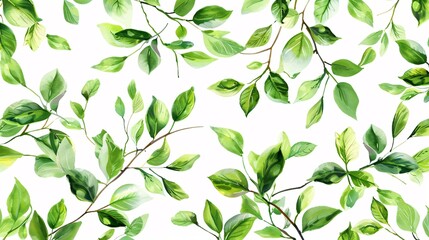 19. A seamless decorative pattern featuring sprigs with green leaves. The design includes numerous sprigs with finely detailed leaves, creating a continuous, natural motif on a white background,