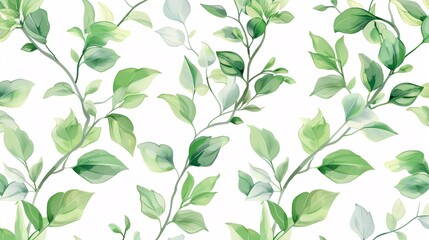 18. A repeating seamless pattern of sprigs with green leaves, designed for a decorative look. The sprigs are arranged in a harmonious pattern, with varying shades of green and detailed leaf
