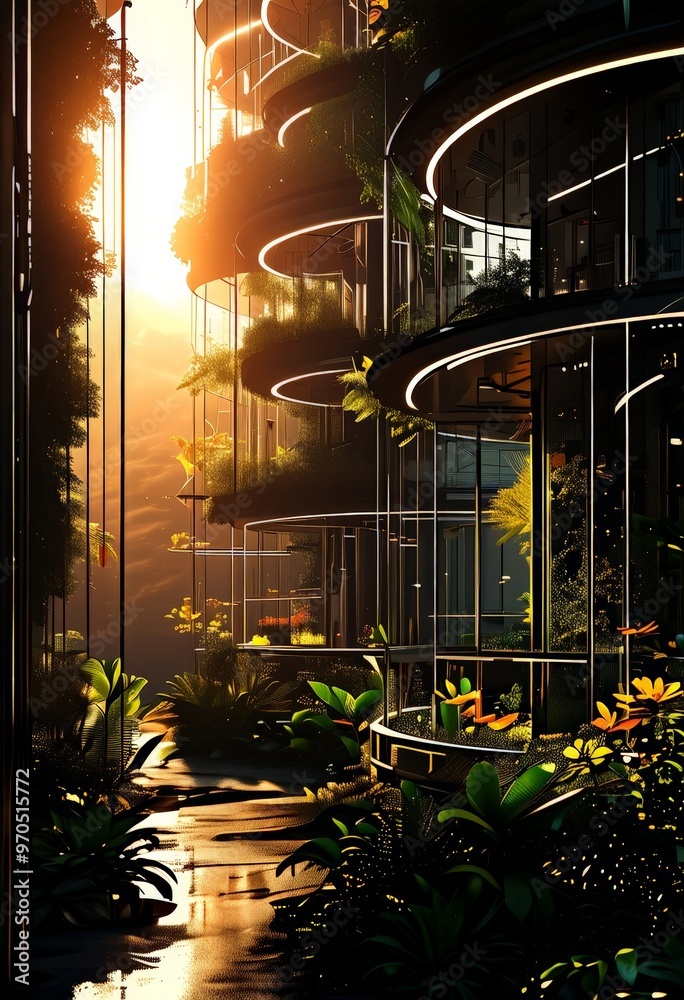 Poster a futuristic architectural structure with curved balconies and glass walls, surrounded by lush green