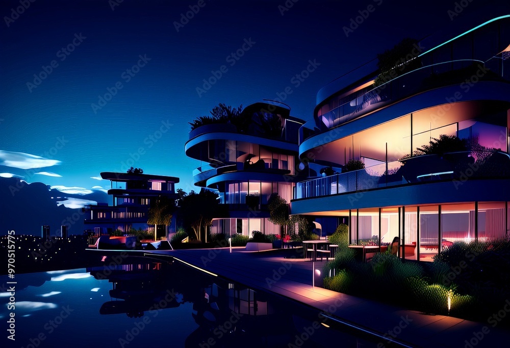 Poster a modern, multi-story residential building with a pool and landscaped grounds is illuminated at nigh