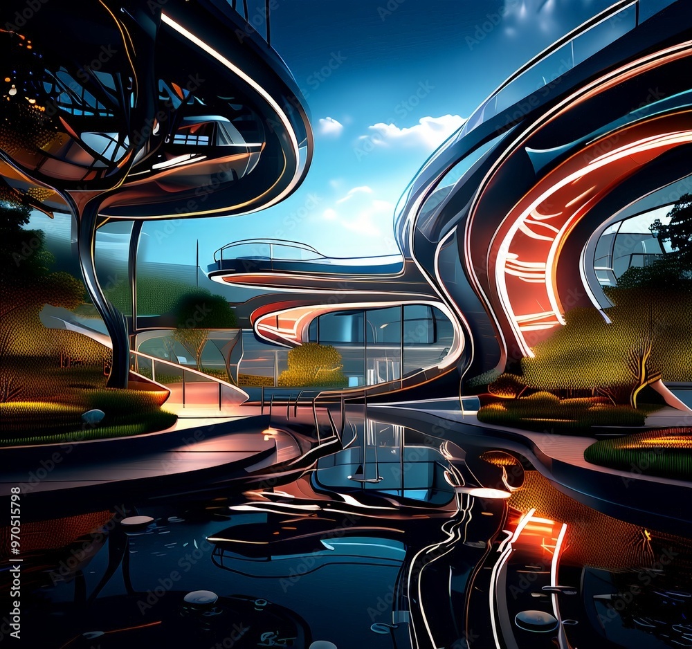 Aufkleber a futuristic architectural structure with curved lines and a reflective pool in the foreground, set against a blue sky with clouds.