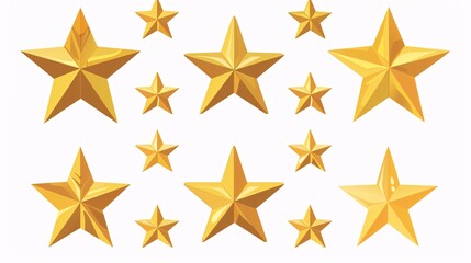 Obraz premium 22. Gold star icons in a vector collection, featuring a variety of simple, flat star designs. The stars are displayed in different sizes and configurations, ideal for use in ratings and as favorite
