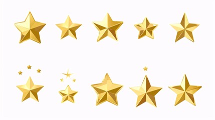 Obraz premium 23. A set of gold star icons, including various flat designs for apps and websites. The icons feature stars in multiple shapes and sizes, with a modern and minimalist style, perfect for rating