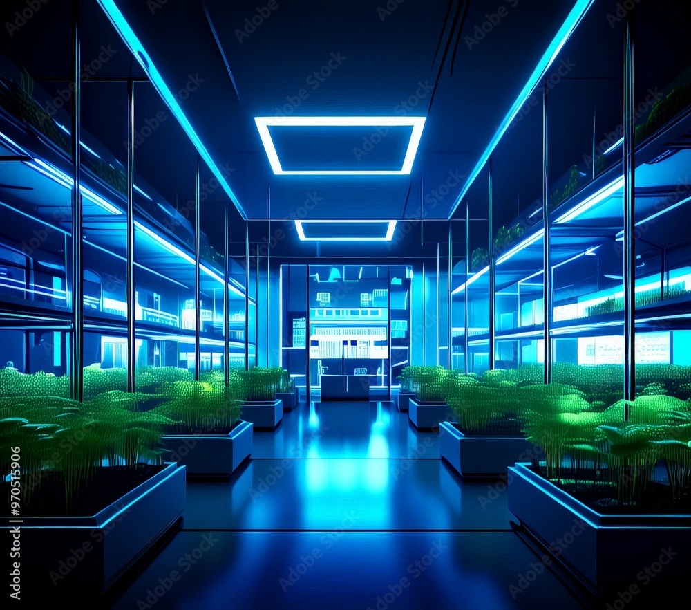 Poster A futuristic indoor garden with rows of green plants illuminated by blue and white lights, creating a serene and tranquil atmosphere.