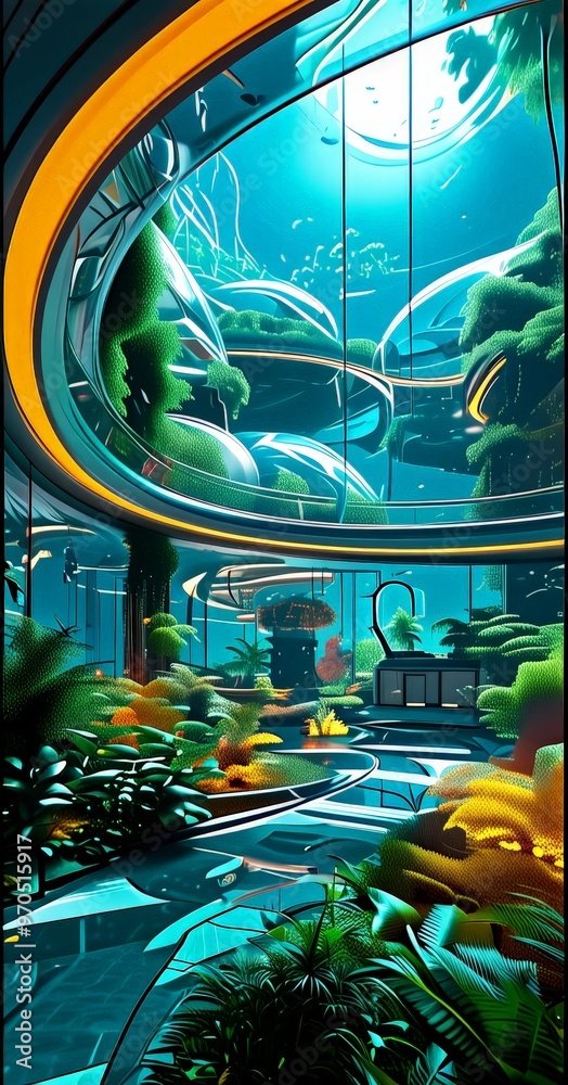 Poster a futuristic indoor garden with a curved ceiling, large windows, and a variety of plants and trees. 