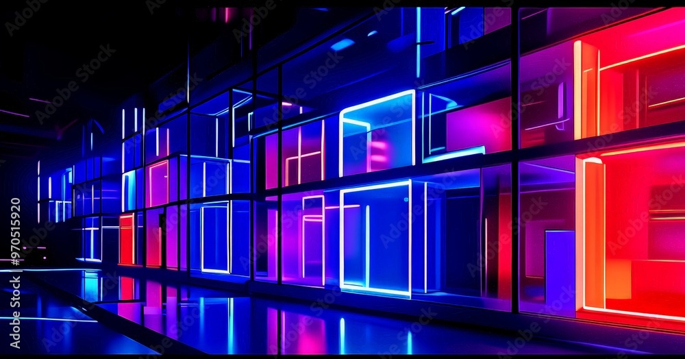 Poster a modern, futuristic interior space with a grid-like pattern of illuminated cubes in various colors, including red, blue, and purple, creating a visually striking and