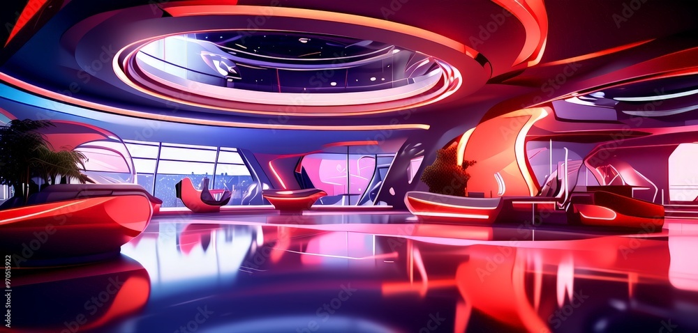 Poster a futuristic interior space with a circular ceiling, curved walls, and a large window. the room is i