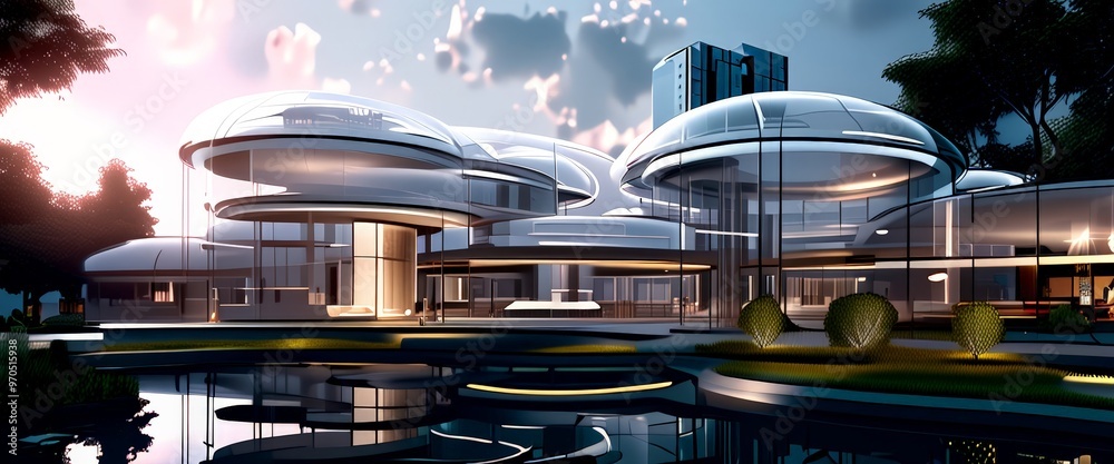Poster a futuristic architectural design with a series of domed structures, reflecting the sky and surrounding environment. The buildings are illuminated, creating a warm glow, and
