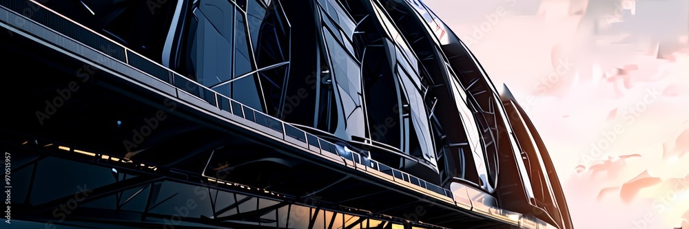 Poster a futuristic architectural structure with a curved, metallic facade and a series of windows, set aga