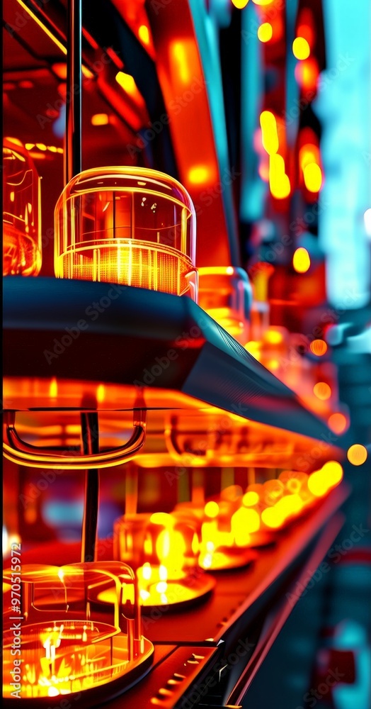 Aufkleber A close-up view of a row of glowing, illuminated objects, with a blurred background of similar objects and lights, creating a vibrant and dynamic visual effect.