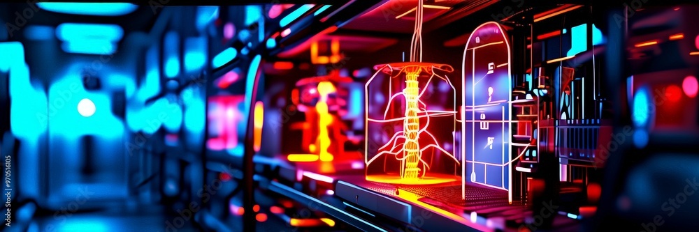 Poster A futuristic, neon-lit room with a large, glowing structure in the center, surrounded by various other glowing objects and structures.