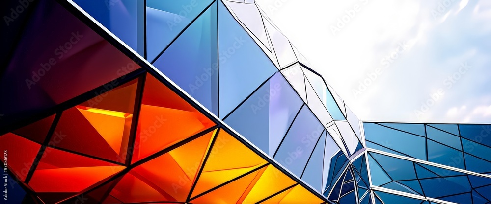 Poster a modern architectural structure with a geometric design, featuring a mix of blue, orange, and red g