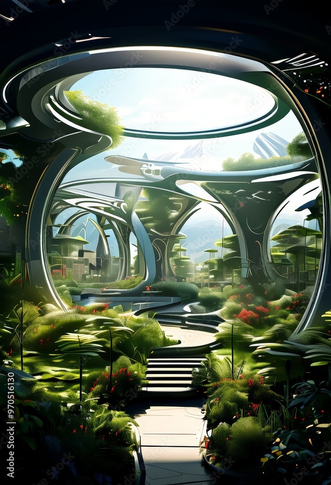 Poster a futuristic cityscape with a winding path leading through a lush, verdant garden. the city features