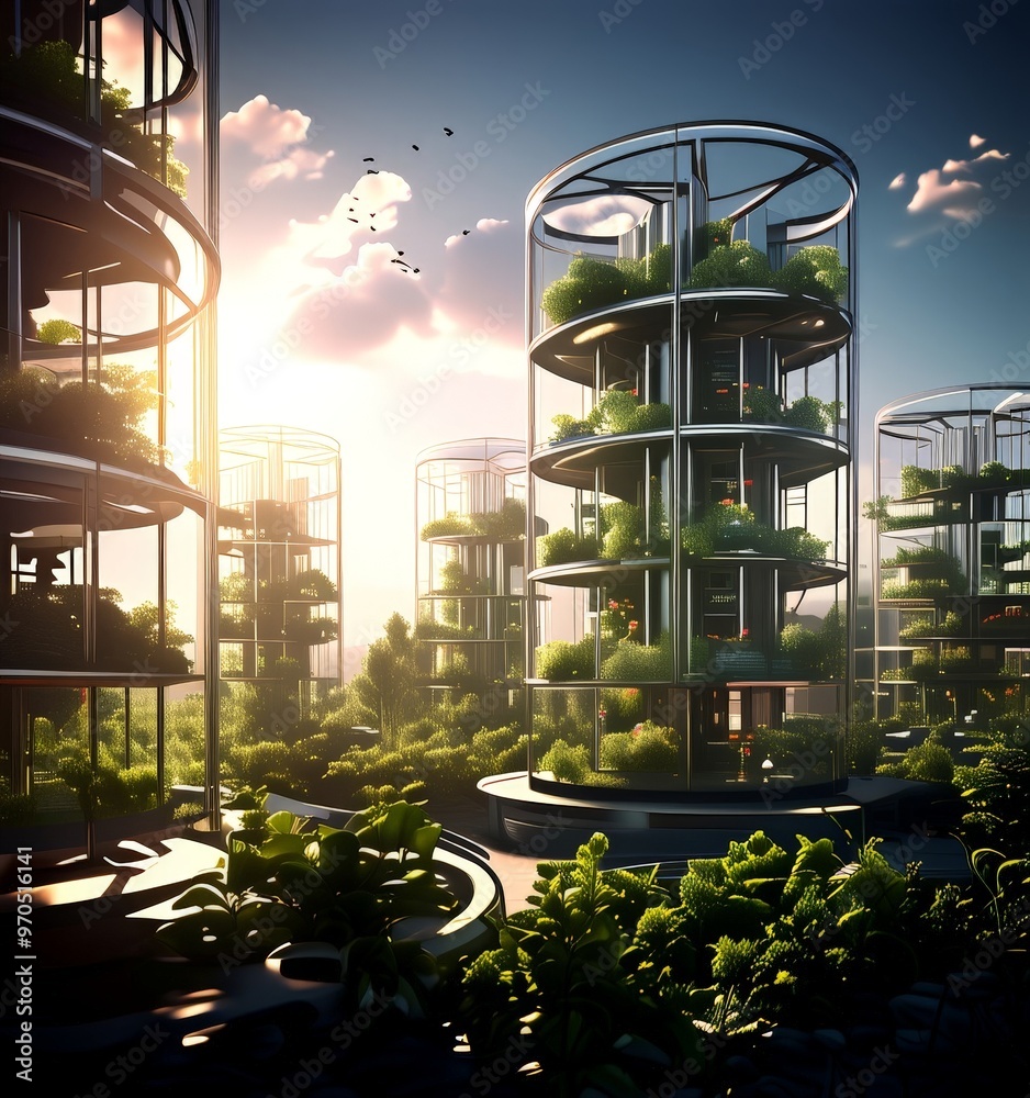 Poster a futuristic cityscape with towering cylindrical structures covered in lush greenery, set against a 