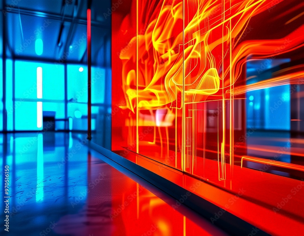 Aufkleber a modern interior space with a striking red and blue color scheme. the focal point is a large glass 