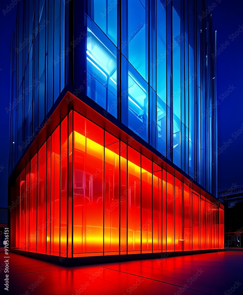 Aufkleber the modern building with a glass facade is illuminated by a vibrant red and blue light, creating a s