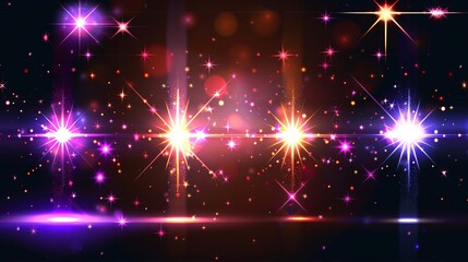 Fototapeta premium 29. Vector flashing lights with a glow sparkle effect on a transparent background. The illustration includes multiple light flares and sparkling elements, producing a radiant and dazzling display of