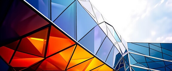 a modern architectural structure with a geometric design, featuring a mix of blue, orange, and red glass panels that reflect the sky and surrounding environment.