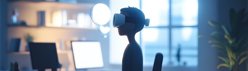 Silhouette of a person wearing a VR headset in an office setting.