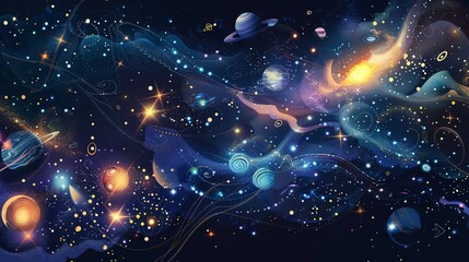 33. A vector set of star compositions including a star arch, shiny elements, starry dots, and comets. The design features abstract constellations with a retro celestial theme, highlighting various