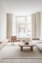 Fototapeta premium Scandinavian minimalist living room interiors with minimal furniture, a large window and plenty of lighting. Apartment interior design composition with copyspace.
