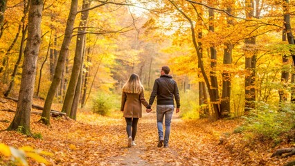 Fototapeta premium A couple holding hands and walking a scenic path through an autumn forest, golden leaves falling around them