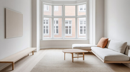 Fototapeta premium Scandinavian minimalist living room interiors with minimal furniture, a large window and plenty of lighting. Apartment interior design composition with copyspace.