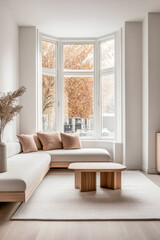 Scandinavian minimalist living room interiors with minimal furniture, a large window and plenty of lighting. Apartment interior design composition with copyspace.