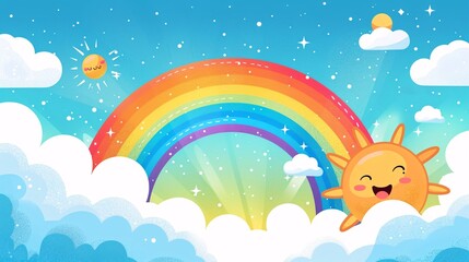 Naklejka premium 41. An illustration set featuring clouds, a rainbow, and a smiling sun. The rainbow arches gracefully with vibrant colors, while the clouds are fluffy and the sun beams with a cheerful expression,