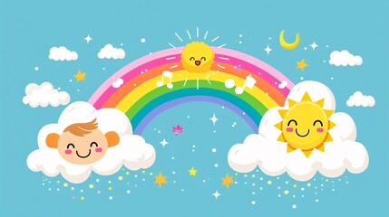 Naklejka premium 41. An illustration set featuring clouds, a rainbow, and a smiling sun. The rainbow arches gracefully with vibrant colors, while the clouds are fluffy and the sun beams with a cheerful expression,