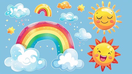 41. An illustration set featuring clouds, a rainbow, and a smiling sun. The rainbow arches gracefully with vibrant colors, while the clouds are fluffy and the sun beams with a cheerful expression,