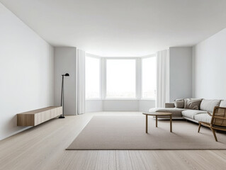 Obraz premium Scandinavian minimalist living room interiors with minimal furniture, a large window and plenty of lighting. Apartment interior design composition with copyspace.