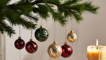 Festive table with Christmas candles and decorations ai generative..