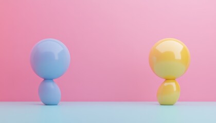Two colorful spheres stand on a pastel blue surface against a pink background.