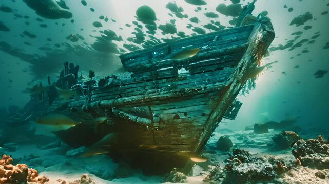 A wooden shipwreck lies on the ocean floor surrounded by a school of fish, The mystery of a shipwreck lying on the ocean floor