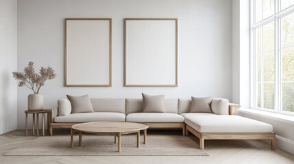Fototapeta premium Scandinavian minimalist living room interiors with minimal furniture, a large window and plenty of lighting. Apartment interior design composition with copyspace.