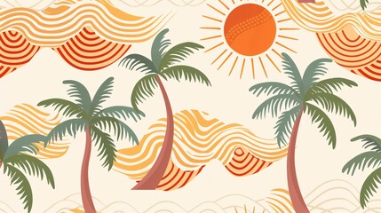 Obraz premium 55. A seamless pattern design featuring cute palm trees, suns, and waves, creating a summer holiday background. The pattern showcases stylized palm trees, joyful suns, and dynamic waves, offering a