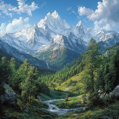Fototapeta premium Majestic Mountain Peak with Lush Green Valley and River