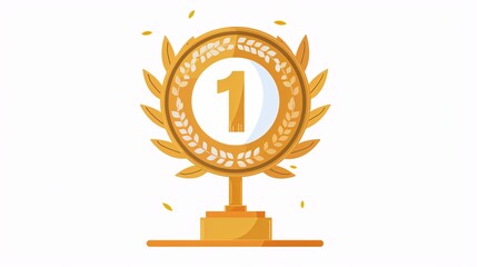 Fototapeta premium 61. Gold medal stand featuring a golden metal reward with the number 1 prominently displayed. The medal is adorned with a gilded laurel leaf branch and rests on a sturdy leg. This flat graphic vector
