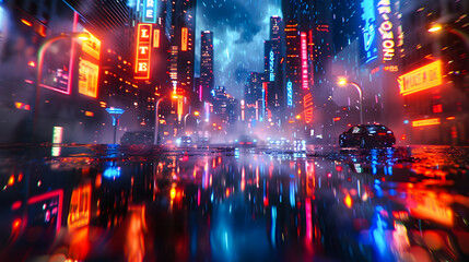 Obraz premium The streets of a fantasy city, with blue and orange light tints, neon lights, and a cinematic atmosphere