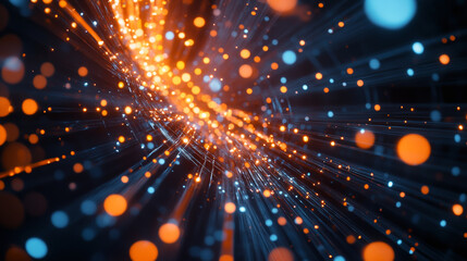 Naklejka premium A 3D image showing a futuristic scene with glowing lights and abstract shapes. It's like a 360-degree view of a virtual world.