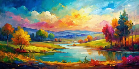 Abstract oil painting of a textured landscape with vibrant colors and expressive brushstrokes © Pluto