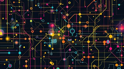 Fototapeta premium A vibrant abstract design featuring interconnected lines and colorful dots, representing technology and digital networks.