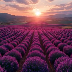 Fototapeta premium Lavender Fields at Sunset with Sun Rays Through Clouds