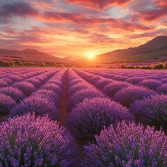 Obraz premium Lavender Field Sunset Sunrise Landscape Photography