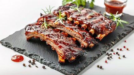 93. Juicy grilled pork ribs arranged on a rustic slate board, with char marks and a glossy barbecue glaze. The white background highlights the rich colors and textures of the ribs, with garnishes