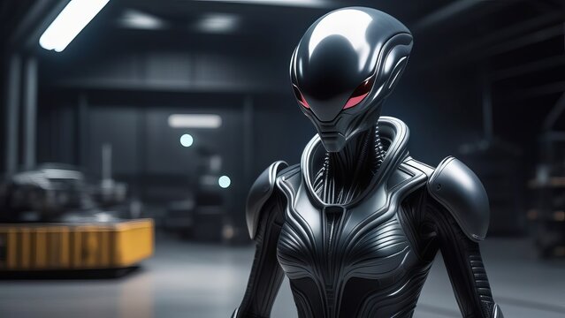 Futuristic cybernetic humanoid alien robot in advanced sci-fi laboratory setting