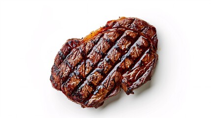 99. Top view of a freshly grilled beef entrecote steak, with perfect grill marks and a juicy, tender texture. The steak is isolated on a white background, emphasizing its rich color and mouthwatering