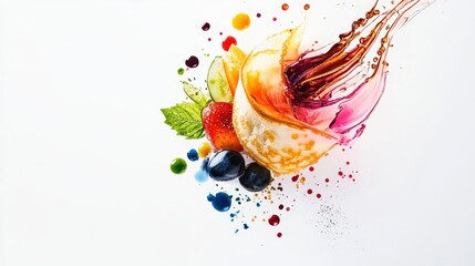 modern Japanese crepe logo showcasing a crepe with an explosion of vibrant colors from fruits and sauces.